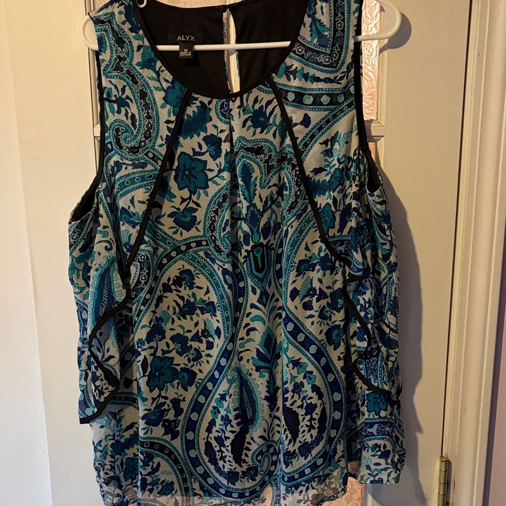 ALYX Teal and Navy Paisley Ruffle Sleeveless Top 2X
